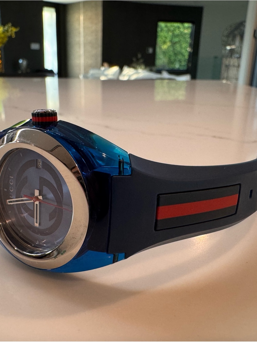 Gucci Blue and Black Silicone Strap Watch with Red Accent
